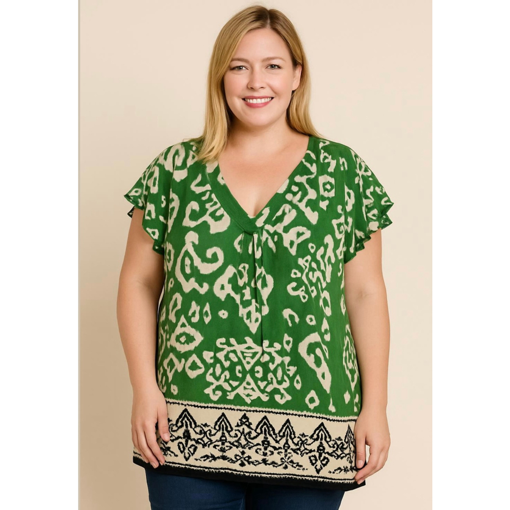 Women's Rachel Zoe Plus 2X Green Tan Ikat Print Tunic Top Linen Blend‎ Vacation